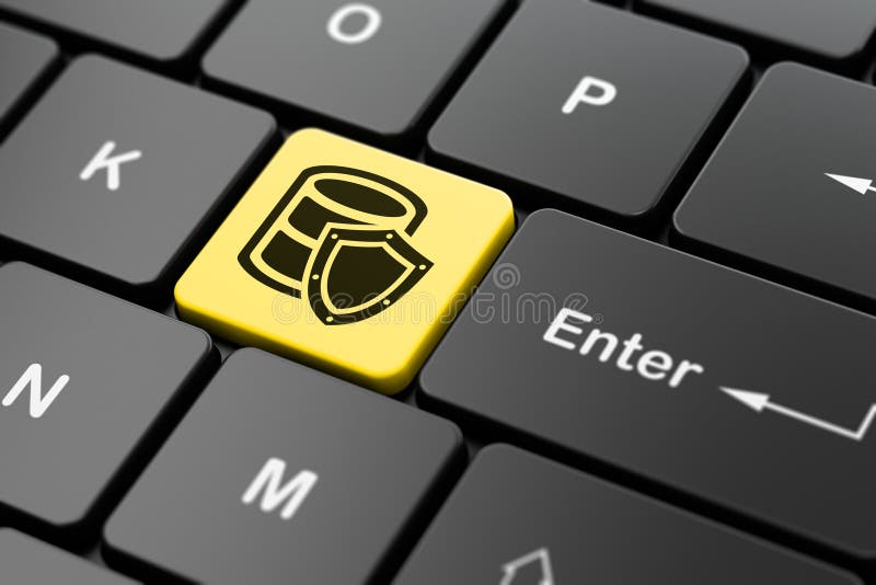 Concetto di software: Base di dati con lo schermo sul fondo della tastiera di computer illustrazione di stock