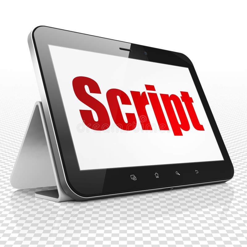 Concetto di software: Computer della compressa con lo script su esposizione illustrazione vettoriale