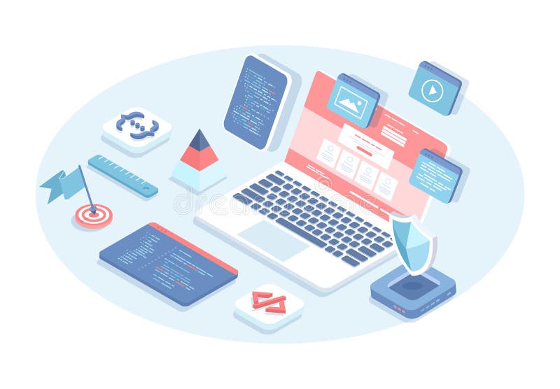 Concetto di software di programmazione. modello Web di progettazione e collaudo di progettazione software per stack completo. royalty illustrazione gratis