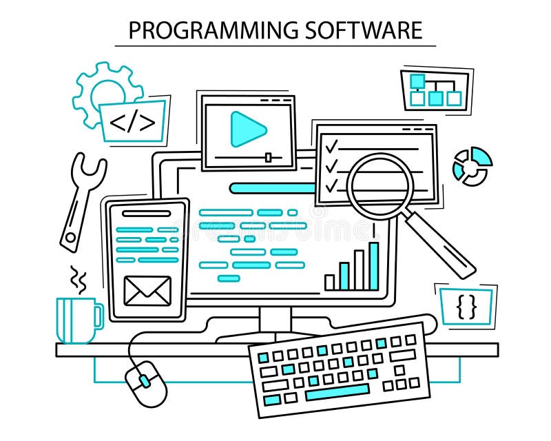 Concetto di software di programmazione stile lineare. vettore illustrazione vettoriale
