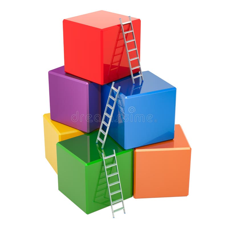 Concetto di successo di affari Scale con i blocchi colorati che costruiscono, cubi rappresentazione 3d