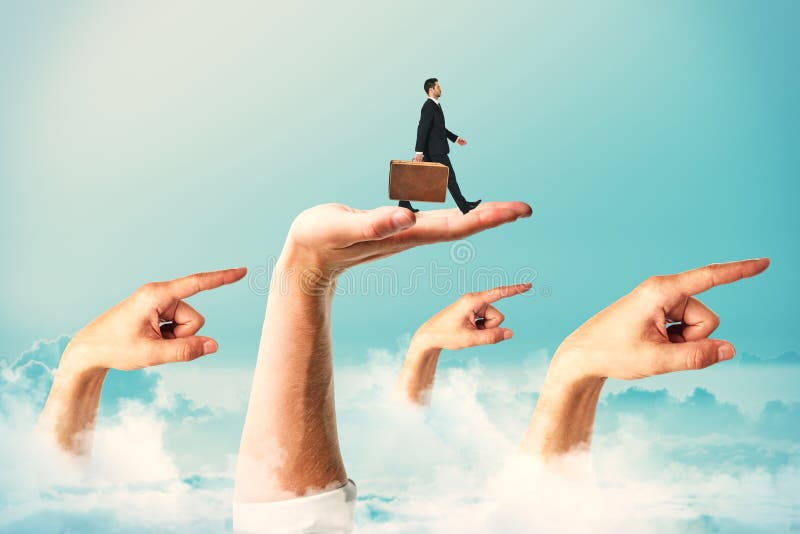Businessman with briefcase walking on abstract hands. Blue sky background. Direction and success concept. Businessman with briefcase walking on abstract hands. Blue sky background. Direction and success concept