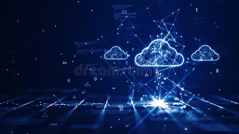 Concetto di tecnologia di cloud e edge computing con sistema di protezione dei dati per la sicurezza informatica. tre icone di gra