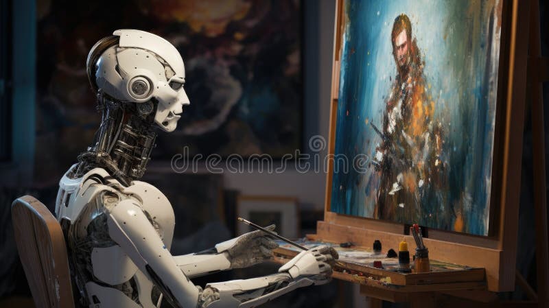 Concetto di tecnologia dell'arte generativa per la pittura robotica in studio. aie generativa fotografie stock libere da diritti
