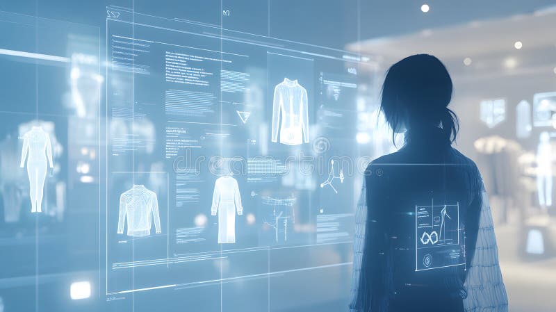 Concetto Di Tecnologia Futuristica Per Le Donne Che Visualizzano Disegni Di Abbigliamento Digitale illustrazione di stock