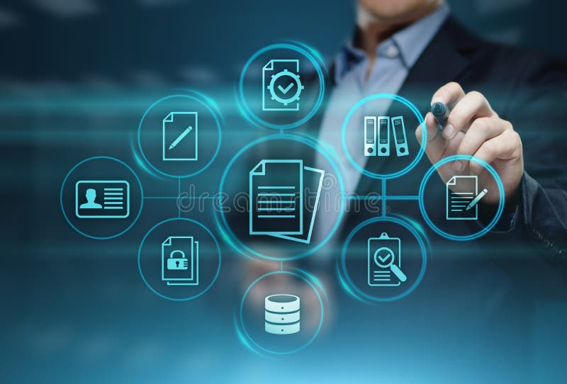 Concetto di tecnologia di Internet di affari del sistema dati della gestione di documenti immagini stock libere da diritti