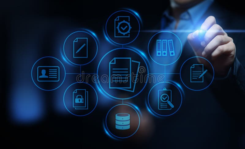 Concetto di tecnologia di Internet di affari del sistema dati della gestione di documenti immagini stock libere da diritti