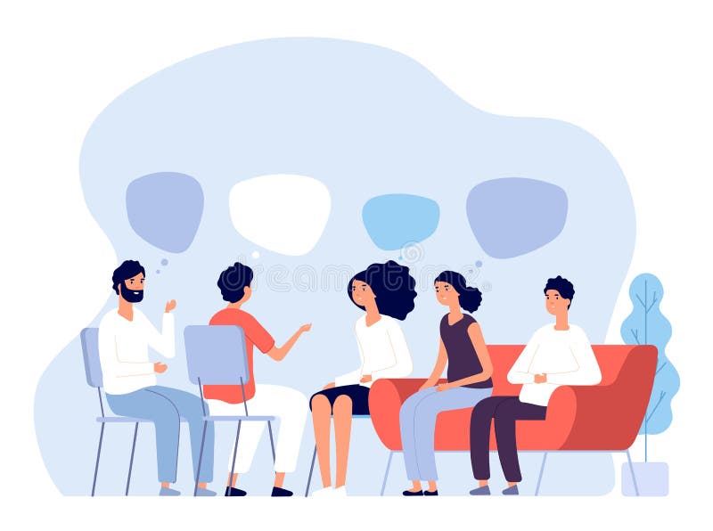 Concetto di trattamento di dipendenza Terapia del gruppo, la gente che consiglia con lo psicologo, persone nelle sessioni dello p royalty illustrazione gratis