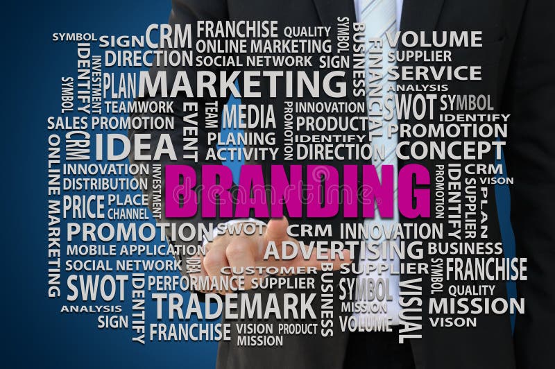 Businessman pointing branding word of marketing concept. Businessman pointing branding word of marketing concept