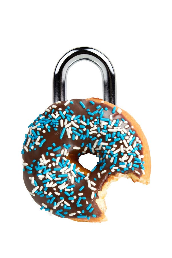 Concetto dieta/di tentazione con la ciambella come lucchetto fotografia stock Concetto dieta/di tentazione con la ciambella come lucchetto fotografia stock