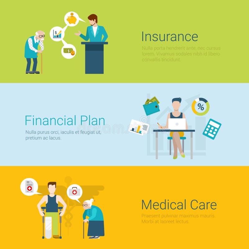 Concetto finanziario di assistenza medica di piano di stile di assicurazione piana del sito Web royalty illustrazione gratis Concetto finanziario di assistenza medica di piano di stile di assicurazione piana del sito Web royalty illustrazione gratis