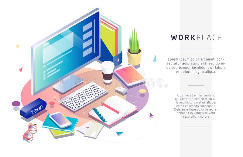Concetto isometrico del posto di lavoro con i equipmen dell'ufficio e del computer illustrazione vettoriale