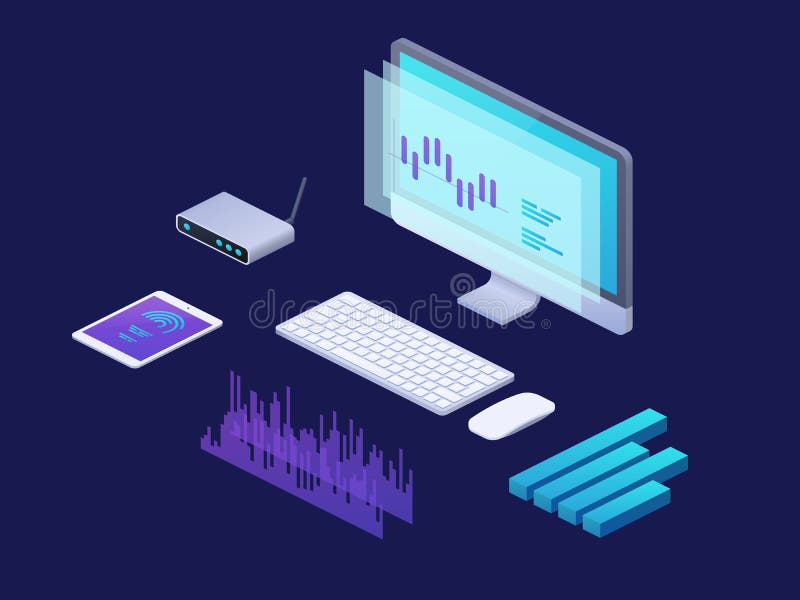 Concetto isometrico di analisi dei dati di affari di Digital la strategia 3d infographic con il computer portatile, riduce in pan illustrazione di stock Concetto isometrico di analisi dei dati di affari di Digital la strategia 3d infographic con il computer portatile, riduce in pan illustrazione di stock