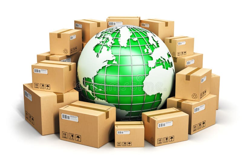 Creative abstract global logistics, shipping, worldwide delivery business and ecology concept: green Earth planet globe surrounded by heap of stacked corrugated cardboard boxes with parcel goods isolated on white background. Creative abstract global logistics, shipping, worldwide delivery business and ecology concept: green Earth planet globe surrounded by heap of stacked corrugated cardboard boxes with parcel goods isolated on white background