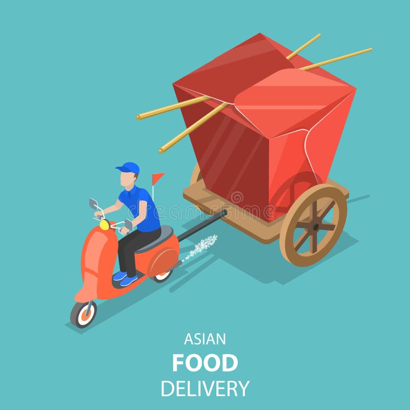 Concetto piano isometrico di vettore della consegna asiatica dell'alimento, sushi giapponese