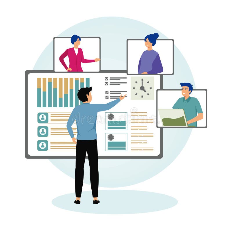 Concetto processo flusso di lavoro. Collaborazione team tramite l'interfaccia virtuale per una gestione efficace dei progetti. illustrazione di stock