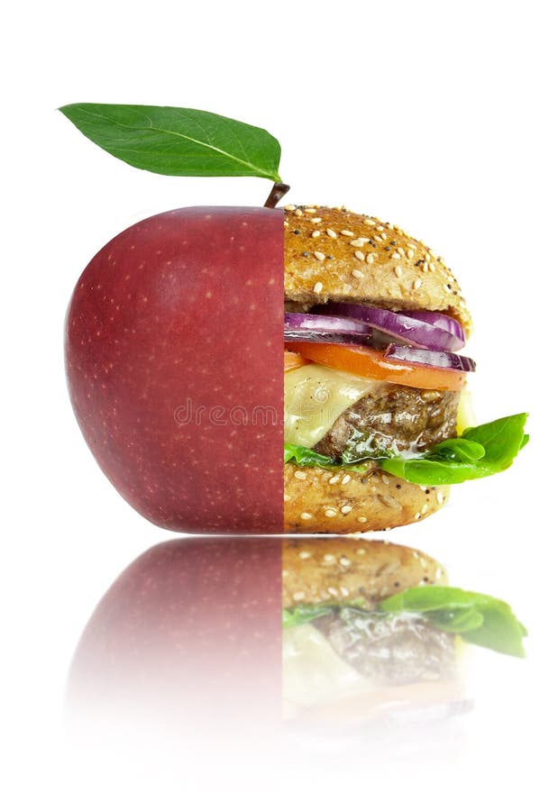 Healthy apple and unheatlhy burger merged into one over a white background. Healthy apple and unheatlhy burger merged into one over a white background
