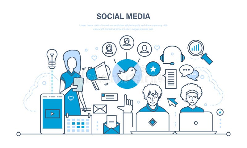 Concetto sociale di media Comunicazioni, manutenzione e supporto, scambio di informazioni, tecnologia royalty illustrazione gratis