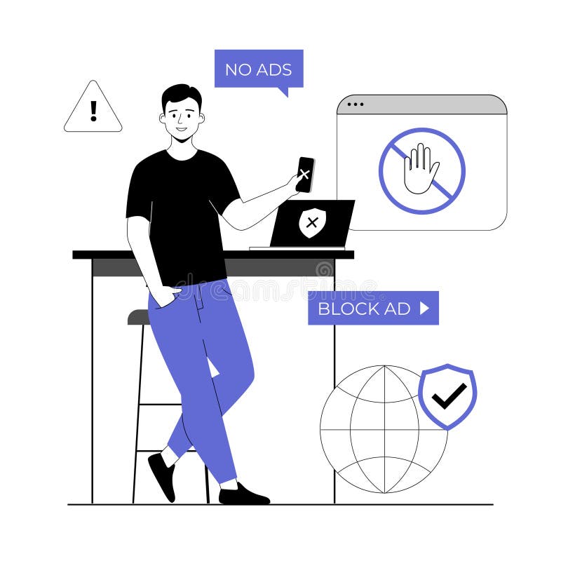 Concetto software di blocco annunci. Rimozione dell'estensione del browser Internet degli strumenti di pubblicità e filtraggio onl royalty illustrazione gratis