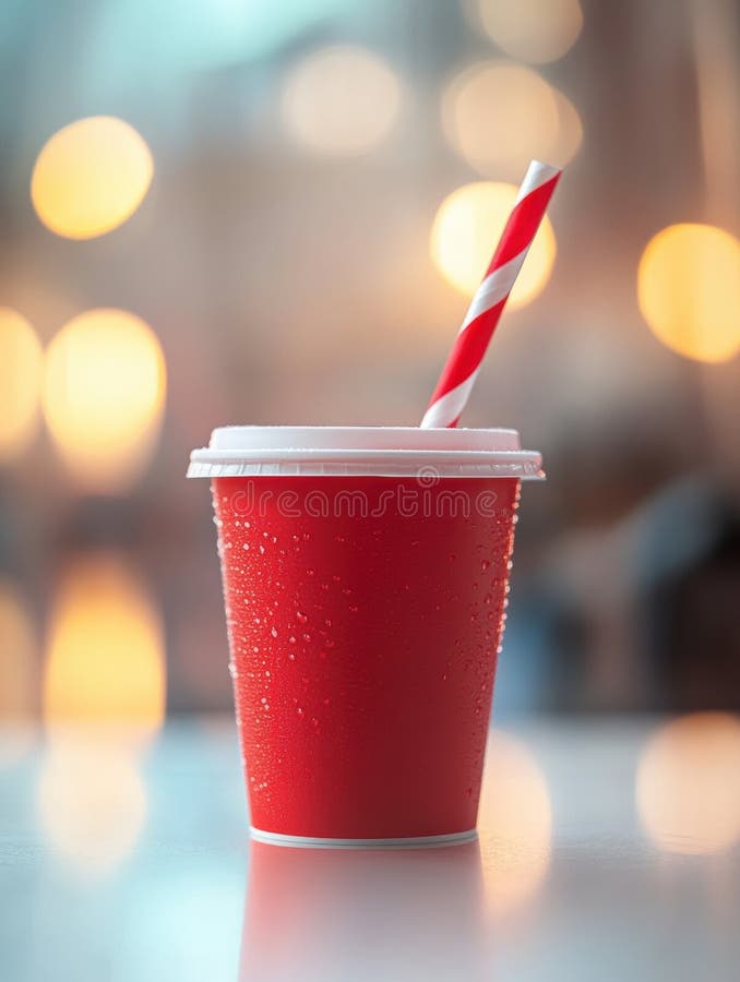 Conconcetto di bevande rinfrescante con paglia a strisce rosse in un bicchiere usa e getta per le feste royalty illustrazione gratis