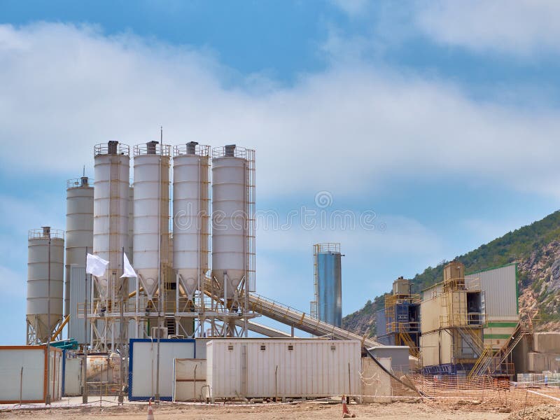 Concrete Batching Plant Silos on the Construction Site Stock Image