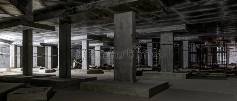 Concrete construction of basement of large building, panoramic view vector illustration