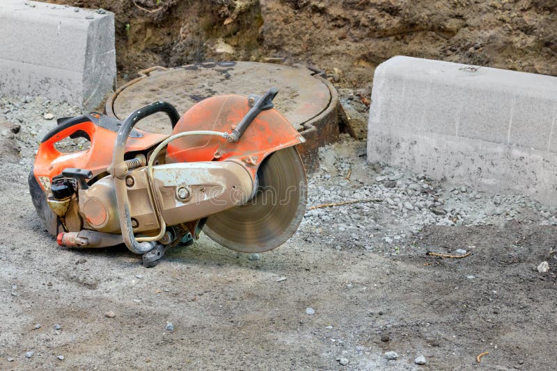 Concrete Cutter at the Construction Site in Working Order Stock Image
