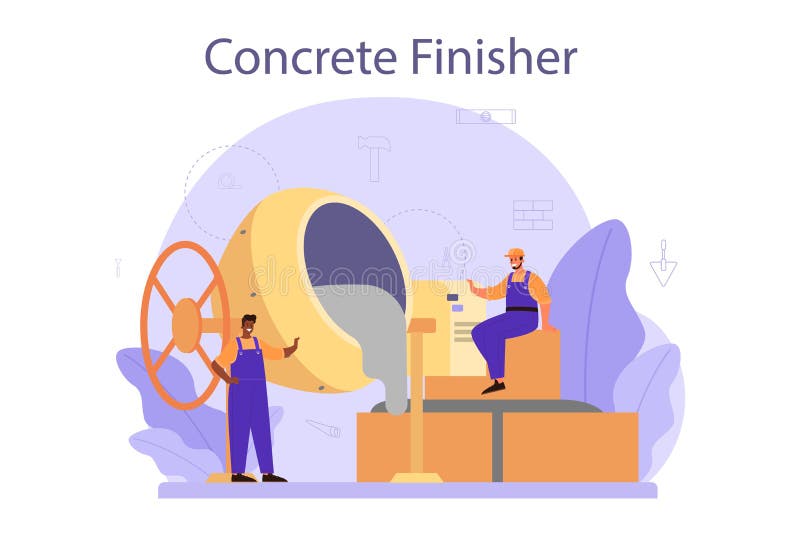 Concrete Finisher Builder. Professional Worker Preparing Concrete Stock