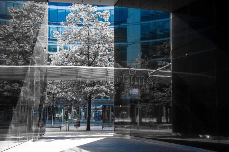 Concrete glass jungle of warsaw. Monochrome photo of contemporary architecture with only blue color visible royalty free stock photos Concrete glass jungle of warsaw. Monochrome photo of contemporary architecture with only blue color visible royalty free stock photos