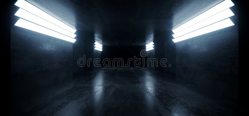 Concrete Grunge Underground Studio Lightning Led Blue White Corridor Garage Empty Space Background Sci Fi Modern 3D Rendering