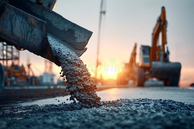 Concrete mixer truck pouring cement at construction site during sunset stock photography