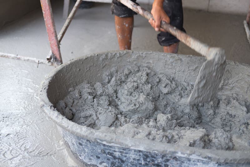 Concrete Mixing Step Of Sand, Cement And Water By Construction W Stock