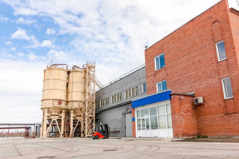 Concrete Mixing Tower Of The Factory Producing Concrete Blocks Stock