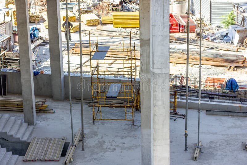 Concrete Pillars. Concrete Foundation. Construction Site. Building