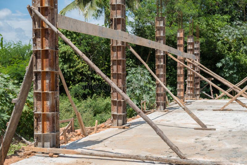 Reinforced Steel Bars On Construction Pillars, Concrete Details And