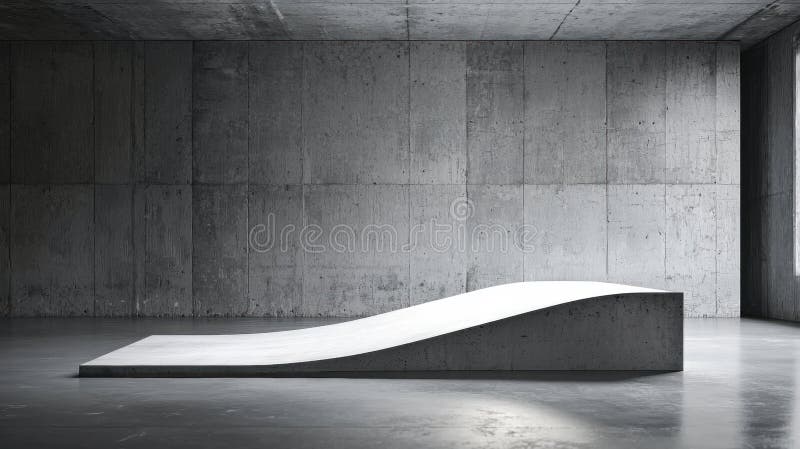 The image presents a minimalist scene featuring a large, white, rectangular ramp made of concrete. The ramp is positioned in the center of the room, which has a gray concrete floor and walls. The walls are adorned with vertical concrete panels, creating a stark contrast with the smooth, white ramp. The room is devoid of any other objects, emphasizing the ramp as the focal point of the space. The lighting in the room is minimal, with a light source illuminating the ramp from the top left corner. Large rectangular light source stock images, royalty-free photos and pictures