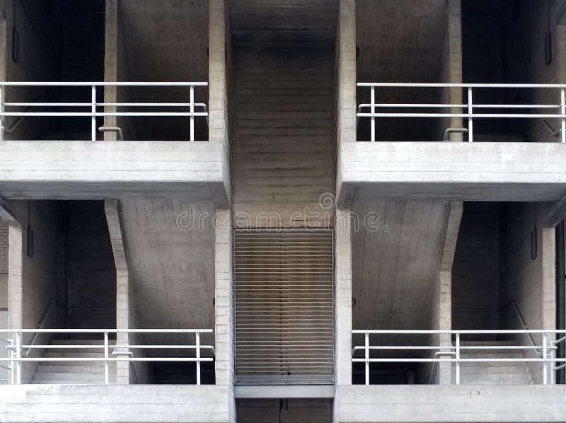 Concrete staircases and walkways in an brutalist type building