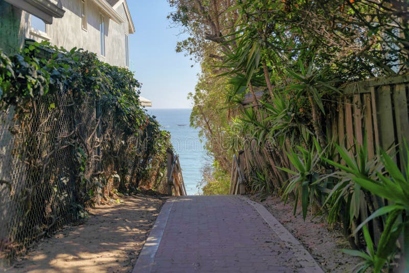 Concrete tiles pathway with a view of the blue sea at San Clemente, California