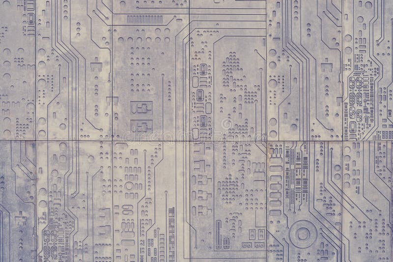 Concrete wall background with carved technological electronics circuit pattern.