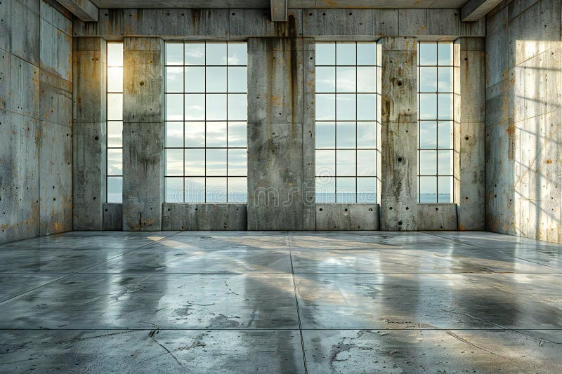 Concrete wall in an empty room, concrete floor, front view, high resolution photography stock illustration
