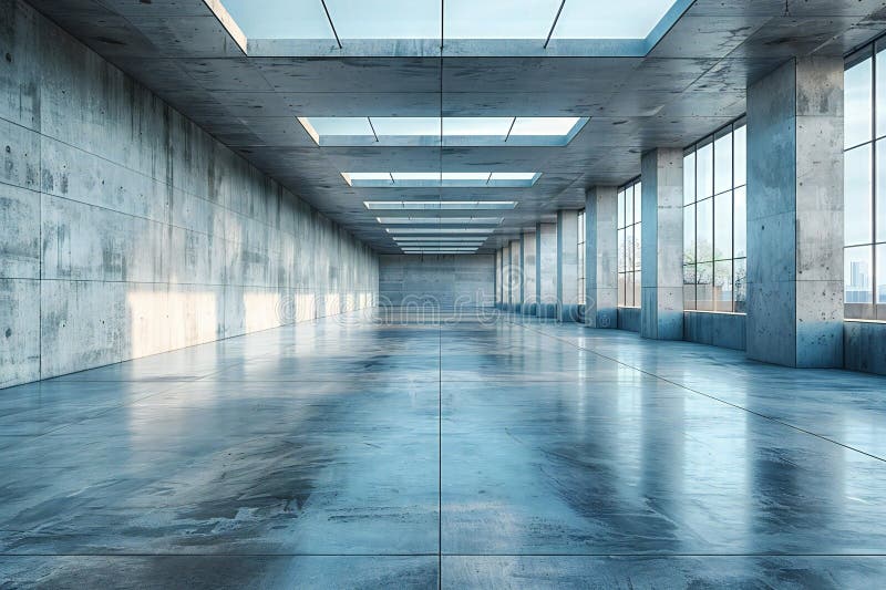 Concrete wall in an empty room, concrete floor, front view, high resolution photography royalty free illustration