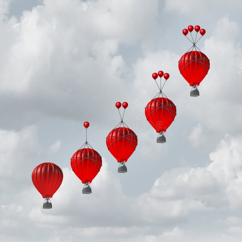 Competitive advantage increase concept as a group of rising hot air balloons with increasing amount of assistance to beat the competition as a business metaphor with 3D illustration elements. Competitive advantage increase concept as a group of rising hot air balloons with increasing amount of assistance to beat the competition as a business metaphor with 3D illustration elements.