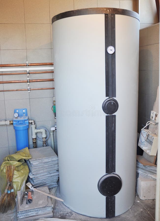 Condensing boiler, combi boiler hot water tank for house heating in boiler room