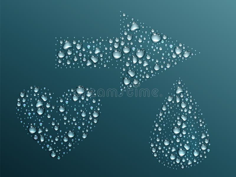 Condensation water droplets in shape of heart, tear and arrow isolated on dark background. Hydration liquid drops, rain shower bubbles wet texture, design elements, Realistic 3d vector illustration. Condensation water droplets in shape of heart, tear and arrow isolated on dark background. Hydration liquid drops, rain shower bubbles wet texture, design elements, Realistic 3d vector illustration