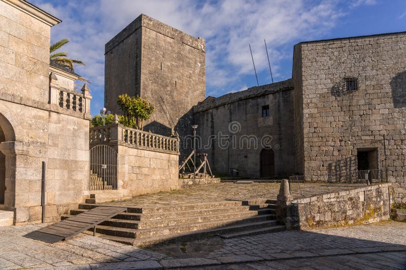 Condes de Lemos Castle of the beautiful medieval village of Castro Caldelas at sunset, Ourense, Galicia, Spain.