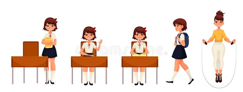 Condizione della ragazza della scuola del fumetto, seduta, camminante e saltante illustrazione vettoriale Condizione della ragazza della scuola del fumetto, seduta, camminante e saltante illustrazione vettoriale