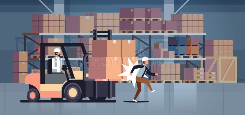 Forklift driver hitting colleague factory accident concept warehouse logistic transport driver dangerous injured worker storehouse room interior horizontal vector illustration. Forklift driver hitting colleague factory accident concept warehouse logistic transport driver dangerous injured worker storehouse room interior horizontal vector illustration