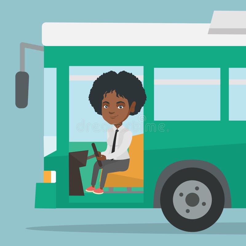 Young african-american bus driver sitting at steering wheel. Female bus driver driving a passenger bus. Smiling bus driver sitting in the driver cab. Vector cartoon illustration. Square layout. Young african-american bus driver sitting at steering wheel. Female bus driver driving a passenger bus. Smiling bus driver sitting in the driver cab. Vector cartoon illustration. Square layout.