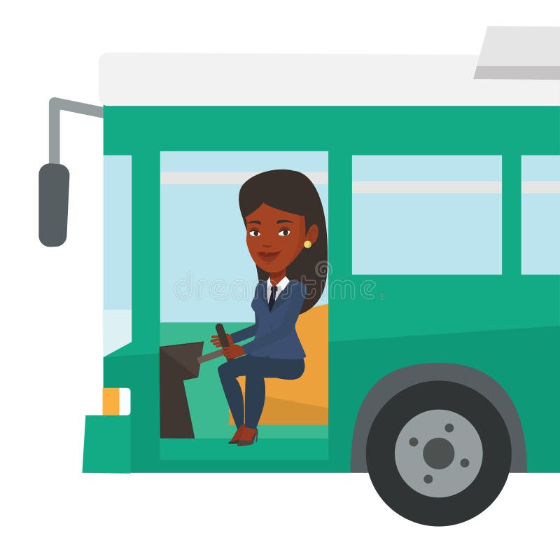 African-american bus driver sitting at steering wheel. Young driver driving passenger bus. Bus driver sitting in drivers seat in cab. Vector flat design illustration isolated on white background. African-american bus driver sitting at steering wheel. Young driver driving passenger bus. Bus driver sitting in drivers seat in cab. Vector flat design illustration isolated on white background.