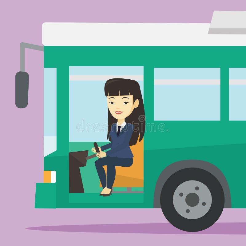 Asian female bus driver sitting at steering wheel. Young female driver driving passenger bus. Female bus driver sitting in drivers seat in cab. Vector flat design illustration. Square layout. Asian female bus driver sitting at steering wheel. Young female driver driving passenger bus. Female bus driver sitting in drivers seat in cab. Vector flat design illustration. Square layout.